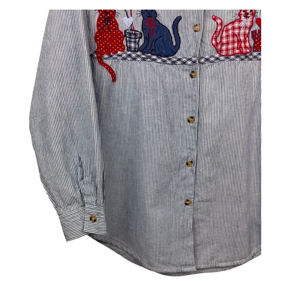 Vintage Casey & Max Shirt Embroidered Cat Button-Up Stripe Collar 90s Medium Y2K - Picture 5 of 8